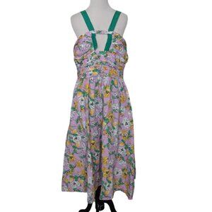 AMUR Floral Lemon Leone Midi Dress Womens Size 14 Purple Ruched Cutout Stretch